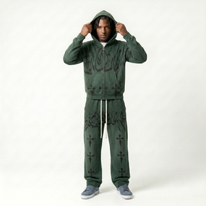 Men's Green Acid Wash Streetwear Tracksuit <b>Full</b> <b>Zip</b> <b>Hoodie</b> Cross Print Regular Fit Sweatpants Winter Casual Wear Drawstring - Product Image 6