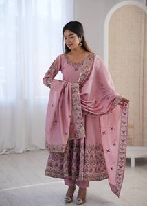 Pink Silk Salwar Kameez With Embroidery Work <b>Ankle</b>-Length Regular Fit Traditional Indian Pakistani Wedding Wear Women's Clothing - Product Image 3
