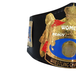 Ceinture de champion de lutte féminine en plaqué or avec centre bleu et drapeaux internationaux, sangle noire, objet de collection - Product Image 3
