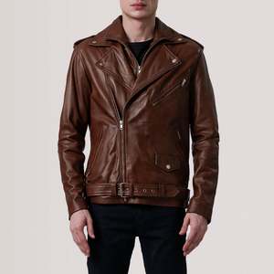 Veste en cuir véritable marron pour homme Furat Leathers, coupe slim, col montant, fermeture éclair, coupe-vent, respirante, avec poches à ceinture. - Product Image 1