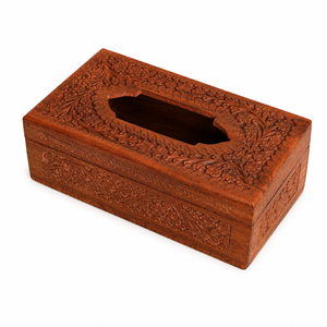 Boîte à mouchoirs en bois classique artisanale avec décorations florales sculptées, porte-mouchoirs décoratif du Rajasthan - Product Image 1