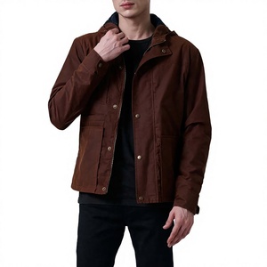 Chaqueta de lona marrón con capucha para hombre, a prueba de viento, con cremallera y botones a presión, informal, de moda para otoño, para uso diario al aire libre, chaqueta para hombre al por mayor - Product Image 1
