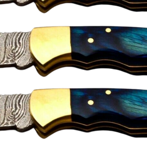 Lote de 5 cuchillos plegables de caza hechos a mano con hoja de acero de Damasco y mango de madera azul con diseño, cuchillo para acampar al aire libre - Product Image 4