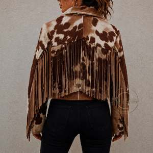 Women's Cow Print Leather Bomber <b>Jacket</b> with <b>Fringes</b> Turn-Down Collar Full Sleeve Plus Size Breathable Woven Spring Wear - Product Image 2