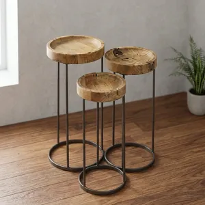 Modern Nested Wood Side <b>Tables</b> Minimalist Design Black Metal Frame Living Room Furniture Wooden iron <b>Nesting</b> <b>set</b> - Product Image 4