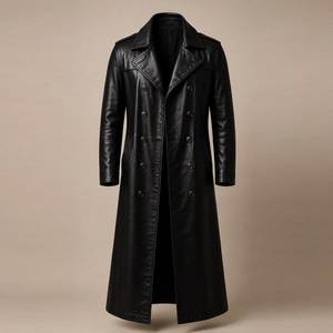 <b>Men</b> Genuine Leather Long <b>Trench</b> <b>Coat</b> Notched Lapel Double Breasted Regular Fit - Product Image 1