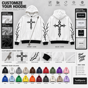 <b>Men's</b> Gothic Hoodie 400 GSM Heavyweight Cotton <b>Fleece</b> <b>White</b> Black Gothic Print Custom Embroidery Print Logo OEM ODM - Product Image 6