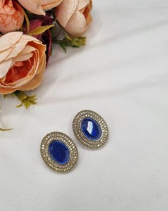 Designer Oval Stone <b>Crystal</b> <b>Stud</b> <b>Earrings</b> Ethnic Antique Gold Plated Fashion Indo Western Party Wear Jewelry For Women Wholesale - Product Image 1