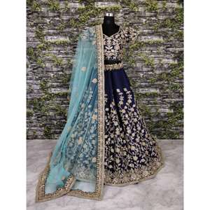 Banglory bleu marine soie Lehenga Choli avec appliques broderie travail vêtements indiens et pakistanais - Product Image 4