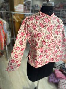 Floral Printed <b>Quilted</b> Cotton <b>Jacket</b> With Mandarin Collar Single Button Closure Women's Short Sleeve Spring Style GIFT FOR HER - Product Image 4