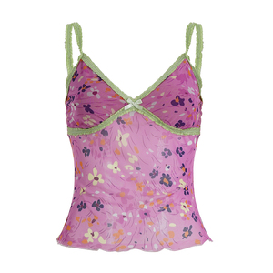 Top de verano con estampado floral rosa y ribete verde para mujer, talla grande - Product Image 1