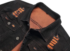 Veste en jean noire pour homme, col montant, déchirée et effilochée, style décontracté, boutonnage simple, pour l'automne - Product Image 3
