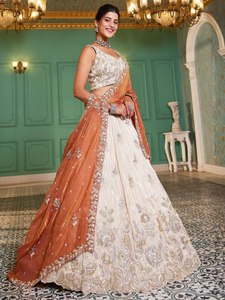 Beige Silk Floral Embroidery Floor-Length <b>Lehenga</b> Choli Set Pink Dupatta Wedding Indian Pakistani Dress <b>Women</b> Summer Winter - Product Image 2