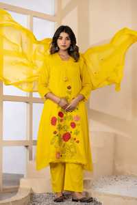Designer Yellow Mul Cotton <b>Kurta</b> Pant Dupatta Set with Floral Embroidery for <b>Women</b> - Product Image 4