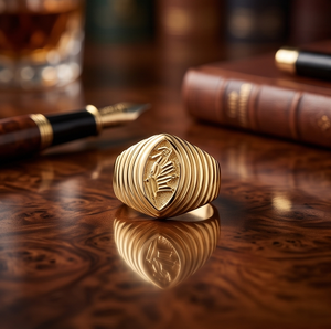 Bague signet classique pour homme DIVYORO en cuivre et laiton plaqué or avec motif d'aigle cannelé - Product Image 2