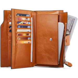 Genuine Leather Long <b>Wallet</b> Unisex Multifunctional Zipper Hasp Closure Minimalist Design <b>Brown</b> Color Daily Use - Product Image 6