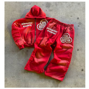 Conjunto de Sudadera con Capucha y Pantalones de Chándal con Cremallera, Estilo Desgastado, Parches y Lavado Ácido, de Moda, Casual, Estilo Urbano - Product Image 6