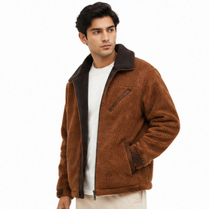Custom <b>Mens</b> Brown <b>Sherpa</b> <b>Fleece</b> Jacket Faux Shearling Lining 300g Dark Contrast Collar Full Zip Chest Pocket Casual Winter Coat - Product Image 1