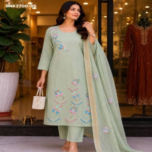 Proveedor de la mejor colección de conjuntos de Kurti-Pant y Dupatta rectos con bordados romanos hechos a mano (Zardozi y con cuentas) de Surat. - Product Image 1