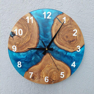 Olive Wooden and Epoxy Resin Quartz <b>Wall</b> <b>Clock</b> Coastal Design Personalized <b>Clock</b> with Golden <b>3D</b> Numerals and Silent Operation - Product Image 3