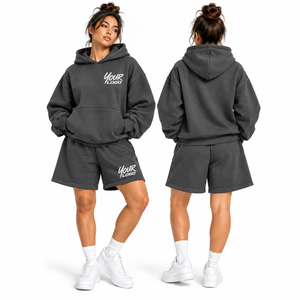 Nuevo Conjunto Deportivo de 2 Piezas para Mujer, Sudadera con Capucha y Pantalones Cortos Lisos, Calidad Terry, Tallas Grandes, Logotipo Personalizado - Product Image 3