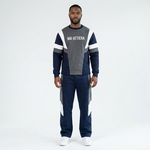 <b>Men</b> <b>Navy</b> Blue Grey White Color Block Crewneck Sweatshirt <b>Jogger</b> Pants Set Casual Streetwear Tracksuit - Product Image 1