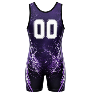 Combinaison de lutte sublimée pour homme, violet et noir, en polyester, pour compétition, entraînement et matchs. - Product Image 3