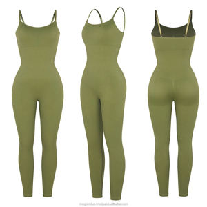 Women Ribbed Seamless <b>Bodysuit</b> <b>Square</b> <b>Neck</b> Spaghetti Strap Full Length Solid Color Gym Wear Green - Product Image 2