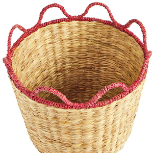 Handwoven Seagrass <b>Storage</b> Basket with Red Scalloped Rim, Unique Boho Decorative <b>Hamper</b> for Home <b>Storage</b> - Product Image 4