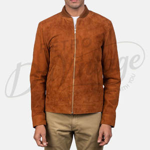 Chaqueta Bomber de Gamuza Genuina Color Cognac para Hombre con Cuello de Béisbol Acanalado y Cierre de Cremallera - Product Image 4