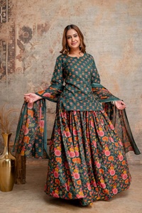 Traditional Women's Floral Printed Pure Cotton Short <b>Kurti</b> with Skirt & Dupatta Set India Pakistan Casual Wear Ethnic Diwali - Product Image 5