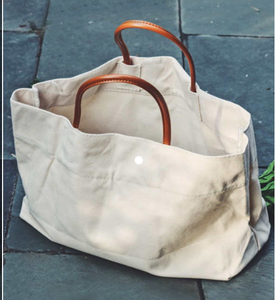 Cotton <b>Canvas</b> <b>Tote</b> Bag with Leather Handles Reusable Shoulder Shopping Bag Plain Design for Daily Carry Grocery and Travel Use - Product Image 2