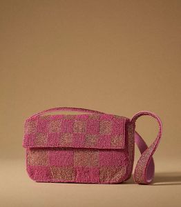 Sac à bandoulière artisanal en perles à motif à carreaux rose et or métallisé, directement de l'usine, avec plan de conception - Product Image 1