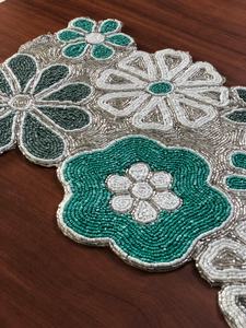 Handmade Floral Rectangle Glass Bead <b>Table</b> <b>Runner</b> <b>Green</b> White Mosaic Design Decorative Placemat Sami Handicrafts for Dining - Product Image 2
