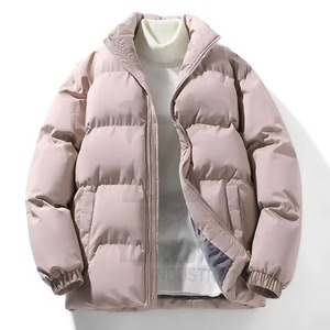 Unisex <b>Pink</b> Puffer <b>Jacket</b> Stand Collar Zipper Closure Thick Winter Casual Coat Regular Fit Polyester Wadding Solid Color - Product Image 1