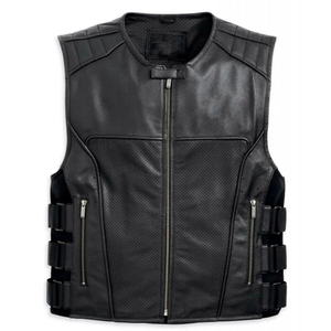 Chaleco de Motociclista de Cuero Genuino para Hombre, Cuello Redondo, Cierre de Cremallera, Transpirable, Sin Mangas, Estilo Sólido Negro - Product Image 3