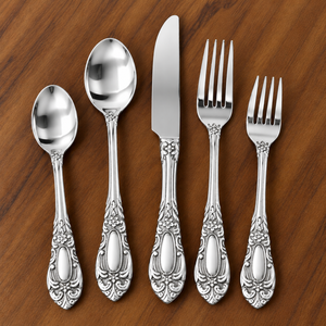 Ensemble de couverts élégants en métal avec poignées ornées, compatibles lave-vaisselle, couverts de mariage, cuillère, fourchette, couteau, finition miroir haute brillance - Product Image 2