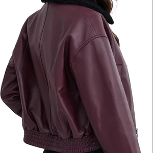 <b>Women's</b> Brown <b>Leather</b> Bomber <b>Jacket</b> With Fur Trim Zipper Closure Full Sleeve Winter Outerwear Regular Fit - Product Image 3