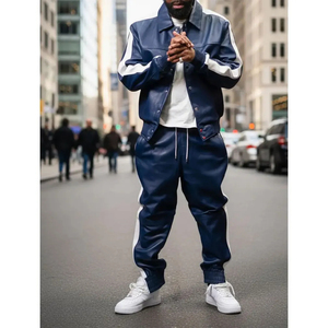 Men's Blue Polyester Tracksuit Set Full Sleeve Button Up Collar Casual Solid Color Drawstring <b>Pants</b> Regular Fit Autumn Wear - Product Image 5