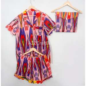 Ensemble de pyjama pour femmes en coton 100% à imprimé floral de luxe, doux et respirant, manches courtes, pour la maison et l'hôtel - Product Image 1