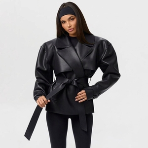 <b>Women's</b> Green Faux Leather Trench <b>Coat</b> Turn Down Collar Long Sleeve <b>Wrap</b> And Tie Belt Jacket - Product Image 2