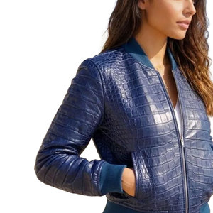Veste en cuir bleu pour femme, motif croco, design classique streetwear, confortable, collection sur mesure, service d'échantillonnage disponible - Product Image 1