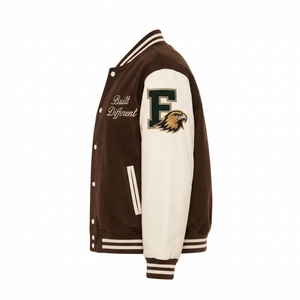 Veste universitaire marron et crème pour homme avec broderie 09 sur la manche, style preppy, fermeture éclair, coupe classique, pour l'automne - Product Image 4