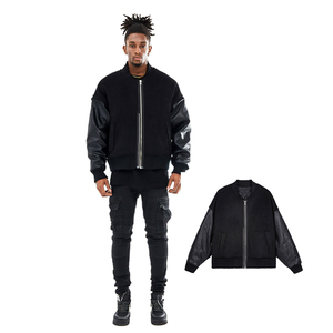 Blouson bomber noir pour homme, manches en cuir, fermeture éclair, style streetwear, vêtement d'automne, coupe classique, couleur unie, col rabattu - Product Image 3