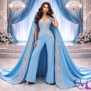 Elegante Vestido Tipo Capa Azul Cielo Bordado con Mono |   Vestido de noche de lujo con cuello corazón para mujer, ideal para eventos de gala. - Product Image 4