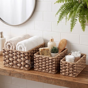 Two-Tone Woven Paper Rope <b>Storage</b> <b>Baskets</b> Set of 3, <b>Rectangular</b> Nesting Vanity & Shelf Organizer Bins with Wire Frame - Product Image 4