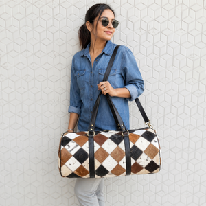 Nouveauté : Sac de voyage en cuir de vache véritable, motif à carreaux, sac fait main, sac de voyage unisexe, multi-usages, grand format, sac de voyage de grande taille - Product Image 3