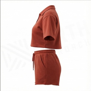 Conjunto de 2 Piezas para Mujer, Color Sólido, Manga Corta, Top Corto Tipo Polo y Pantalones Cortos por Encima de la Rodilla, Estilo Casual para Primavera/Verano - Product Image 3