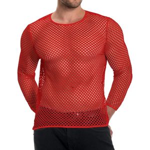 Camisetas de malla de tejido abierto rojo carmesí, de alta elasticidad, transparentes, de mezcla de poliéster, cuello redondo, para baile, ajuste ceñido, tops de fiesta - Product Image 1
