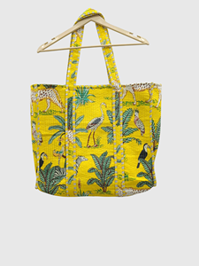 Yellow Cotton <b>Tote</b> <b>Bag</b> With Tropical Animal Print Bohemian Style Open Top Shopping <b>Bag</b> <b>Summer</b> Use - Product Image 2